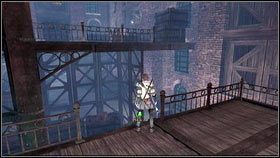 Po walce wbiegamy do magazynu [1], wspinamy się na pobliskie schody i zeskakujemy po drugiej stronie [2] - Ruch oporu z Bowerstone | Opis przejścia Fable III - Fable III - poradnik do gry