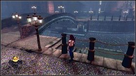 Po wyjściu z kwatery głównej ruchu oporu, skręć w lewo [1] i przejdź na druga stronę kamiennego mostu [2] - Srebrne klucze (4) | Znajdźki w Fable III - Fable III - poradnik do gry