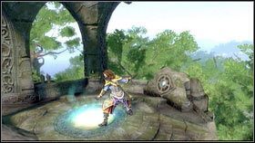 Podążając za tym dziwnym znakiem [1], dojdziesz na szczyt wzgórza, gdzie zostanie aktywowany teleport [2] - Złote klucze | Znajdźki w Fable III - Fable III - poradnik do gry