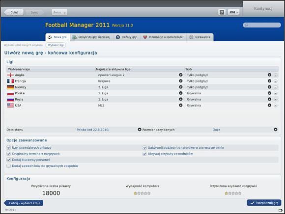 W kolumnie po lewej stronie mamy wszystkie Wybrane kraje - Konfiguracja rozgrywki - Rozpoczynanie gry - Football Manager 2011 - poradnik do gry