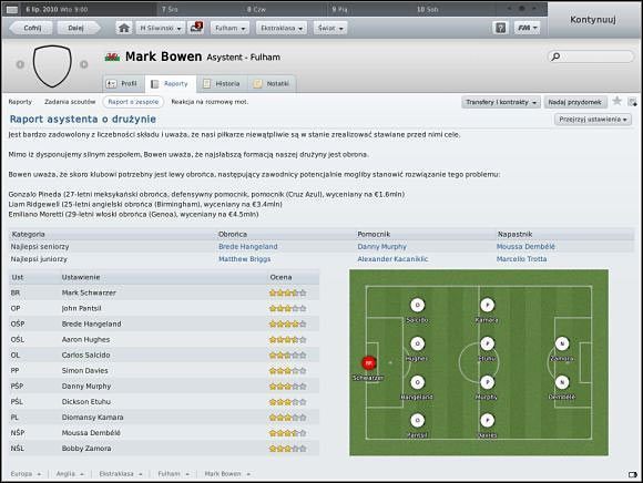 Ekran Raportu o zespole: widoczna sugerowana najmocniejsza jedenastka. Gwiazdki symbolizują stopień ogólnych umiejętności gracza na danej pozycji. - Pierwsze kroki w klubie - Rozpoczynanie gry - Football Manager 2011 - poradnik do gry