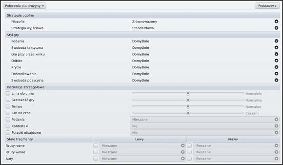 Widok ustawień Poleceń dla drużyny w trybie podstawowym (górna część ekranu) i zaawansowanym (dolna) - Polecenia dla drużyny - Ustawienia taktyczne - Football Manager 2011 - poradnik do gry