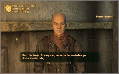 Doktor odprowadzi Cię pod drzwi, gdzie otrzymasz kilka przydatnych przedmiotów: Zlecenie dostawy Mojave Express , 4x Stimpak , 18x Kapsel , 6x Spinka , Pip-Boy 3000 , Kombinezon Krypty 21 - Fallout New Vegas: To dopiero kopniak w łeb - Fallout: New Vegas - poradnik do gry