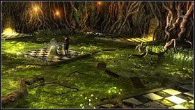 Znalazłszy się w pokoju Damy Trefl maszeruj na bagna przez drzwi w głębi na wprost (przy mitycznych posągach - 3 pkt - Rozdział ósmy (2) | Opis przejścia Gray Matter - Gray Matter - poradnik do gry