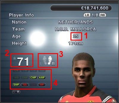 1. Wiek / 2. Ocena / 3. Silniejsza noga i równocześnie preferowana strona boiska / 4. Pozycje, na których dobrze sobie radzi. - Transfery w Pro Evolution Soccer 2011 | Master League - Pro Evolution Soccer 2011 - poradnik do gry