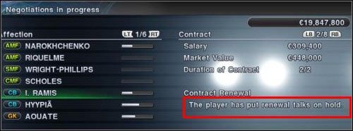 The player has put renewal talks on hold. - oznacza, że zawodnik nie przyjął Twojej oferty i nie przedłuży umowy. - Transfery w Pro Evolution Soccer 2011 | Master League - Pro Evolution Soccer 2011 - poradnik do gry