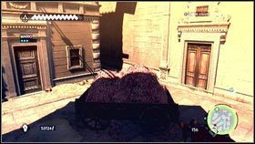 W ten sam sposób możesz również zeskoczyć na dół [1], lądując na miękkim ładunku wozu [2] - Sekwencja 1 - Peace at Last (1) | Opis przejścia | Assassins Creed Brotherhood - Assassins Creed: Brotherhood - poradnik do gry