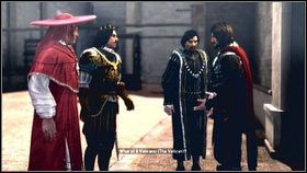 Oczyściwszy teren, wejdź po drabinie na górę [1], a następnie podsłuchaj rozmowę grupki mężczyzn [2] - Sekwencja 4 - Den of Thieves (1) | Opis przejścia AC Brotherhood - Assassins Creed: Brotherhood - poradnik do gry