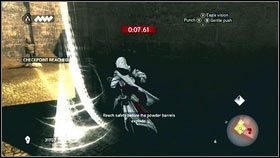 Gdy zeskoczysz po drugiej stronie budynku, wylądujesz tuż obok beczek z prochem [1] - Sekwencja 4 - Den of Thieves (5) | Opis przejścia AC Brotherhood - Assassins Creed: Brotherhood - poradnik do gry
