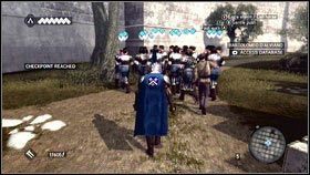 Porozmawiaj z Bartolomeo [1], a następnie idź do francuskiego fortu z oddziałem przebranych żołnierzy [2] - Sekwencja 6 - The Baron De Valois (1) | Opis przejścia AC Brotherhood - Assassins Creed: Brotherhood - poradnik do gry