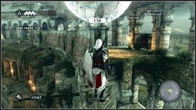 Gdy dotrzesz do ostatniego, skręć w prawo [1], wdrap się na górę i biegnij po okręgu w lewo [2] - Zadania złodziei (1) | Zadania poboczne | Assassins Creed Brotherhood - Assassins Creed: Brotherhood - poradnik do gry