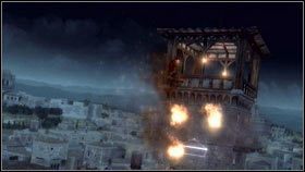 Po dokonaniu egzekucji wdrap się na szczyt wieży [1] i wciskając B, podpal konstrukcję [2] - Wieże Borgii | Odbudowa Rzymu | Assassins Creed Brotherhood - Assassins Creed: Brotherhood - poradnik do gry