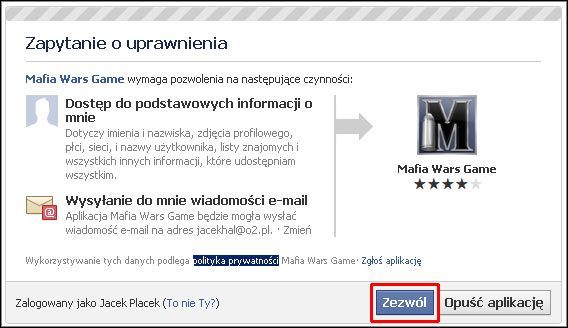 Na koniec poproszony zostaniesz o udzielenie zgody na dostęp do prywatnych danych związanych z Twoim profilem oraz o umożliwienie wysyłania Ci wiadomości drogą pocztową - Dołączenie do gry | Rozpoczęcie nowej gry Mafia Wars - Mafia Wars - poradnik do gry