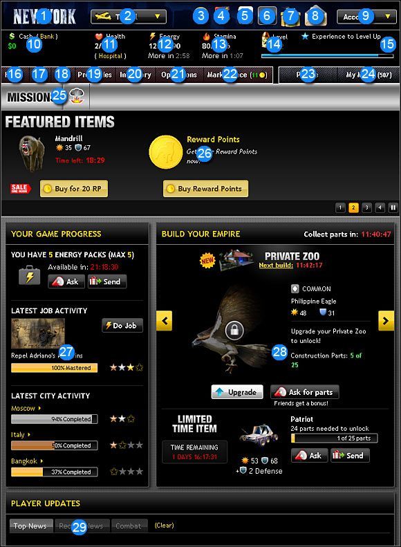 OZNACZENIA NA ZDJĘCIU - Ekran gry | Rozpoczęcie nowej gry Mafia Wars - Mafia Wars - poradnik do gry