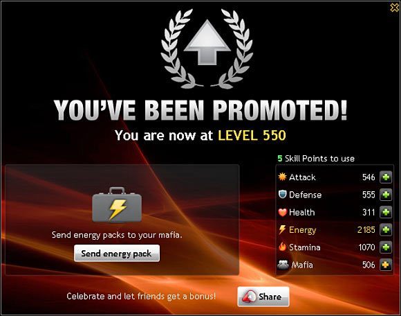 Gra proponuje rozdysponowanie punktów umiejętności każdorazowo po awansowaniu na wyższy poziom doświadczenia (powyższy screen), ale nic nie stoi oczywiście na przeszkodzie żeby dokonać tego w innym tego momencie - Punkty umiejętności | Porady | Mafia Wars - Mafia Wars - poradnik do gry
