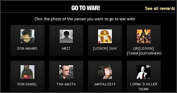 Wojnę możesz wypowiedzieć na kilka różnych sposobów - klikając na odpowiednim przycisku w oknie profilu innego gracza, po wyświetleniu listy w menu Fight lub w specjalnym oknie Declare War (powyższy screen) - Wojny między graczami | Walki (Fight) | Mafia Wars - Mafia Wars - poradnik do gry