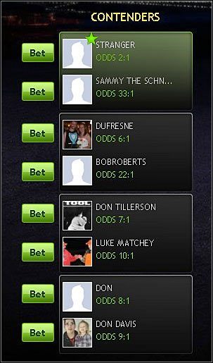 Po wybraniu turnieju wyświetlana jest lista zawodników (Contenders) - Turnieje w Las Vegas (2) | Walki (Fight) | Mafia Wars - Mafia Wars - poradnik do gry
