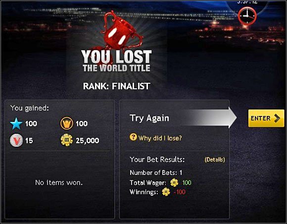 Przegrana w turnieju (powyższy screen) uniemożliwia z kolei rozgrywanie walk w kolejnych poziomach - Turnieje w Las Vegas (2) | Walki (Fight) | Mafia Wars - Mafia Wars - poradnik do gry