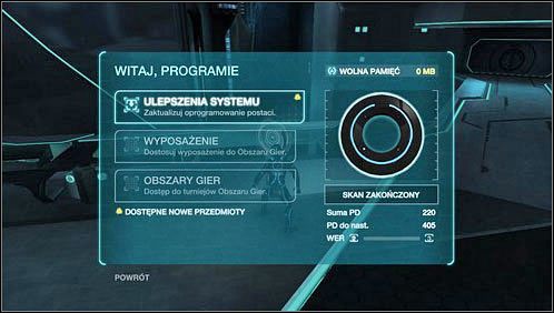 Menu stacji dysków dzieli się na trzy odrębne kategorie: Ulepszenia systemu, Wyposażenie i Obszary Gier - Stacje dysków | Opis przejścia Tron Evolution - Tron Evolution - poradnik do gry