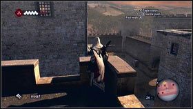 Gdy zginą, wejdź na wierze z lewej, wykończ stojącego tam żołnierza [1], a następnie skocz na drewnianą platformę po prawej [2] - Osiągnięcia (10) | Zadania poboczne | Assassins Creed Brotherhood - Assassins Creed: Brotherhood - poradnik do gry