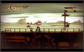 Wskakujemy na słup i trzymając się czaszki, kolejno eliminujemy stojącego na dole wartownika i czekającego na nas na wyższej kondygnacji wroga przy pomocy pistoletów - Rozdział 4 - Ride | Opis przejścia Shank - Shank - poradnik do gry