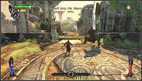 Po znalezieniu się na niewielkiej arenie podejdź do oznaczonego przez grę drewnianego elementu przy przepaści #1 i wciśnij prawy trigger żeby go zbadać - Etap 5 - Agharta (1) | Rozdział 2 | Castlevania Lords of Shadow - Castlevania: Lords of Shadow - poradnik do gry