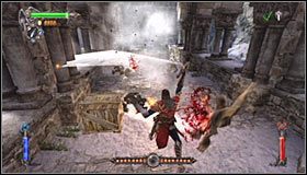 Nadal przesuwaj się w lewo, a dotrzesz do miejsca, w którym bohater odchyli się za siebie #1, sygnalizując chęć przeskoczenia na wyżej położoną półkę - Etap 1 - Mountain Fortress (1) | Rozdział 4 | Solucja Castlevania - Castlevania: Lords of Shadow - poradnik do gry