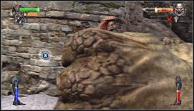 Zdecydowanie polecam korzystanie z najsilniejszych dostępnych ataków #1, dzięki czemu widoczny w prawym górnym rogu ekranu pasek energii ręki ogra będzie szybko malał - Etap 1 - Mountain Fortress (2) | Rozdział 4 | Solucja Castlevania - Castlevania: Lords of Shadow - poradnik do gry