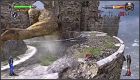 Ogra najlepiej atakować w tych momentach, w których próbuje przecierać wydłubane niedawno oko #1, a także wtedy gdy uderza samą ręką o zajmowany murek fortecy - Etap 1 - Mountain Fortress (2) | Rozdział 4 | Solucja Castlevania - Castlevania: Lords of Shadow - poradnik do gry