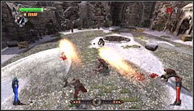 Ustaw się teraz w pokazanym na pierwszym screenie miejscu #1 i użyj haka na bardzo słabo widocznym interaktywnym zaczepie (lewy górny narożnik ekranu) - Etap 1 - Mountain Fortress (3) | Rozdział 4 | Solucja Castlevania - Castlevania: Lords of Shadow - poradnik do gry