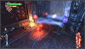 Po uzupełnieniu zapasów ustaw się niedaleko fontanny i zwróć się w stronę widocznego w oddali przycisku na ścianie #1 - Etap 2 - Electric Laboratory (1) | Rozdział 7 | Solucja Castlevania - Castlevania: Lords of Shadow - poradnik do gry