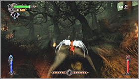 Po dotarciu do nowej przepaści w dobrze poznany już sposób rozpędź głównego bohatera #1 i wykonaj w locie podwójny skok #2 celem bezpiecznego wylądowania na górnej półce (zwróć też przy okazji uwagę na widoczny w trakcie lotu niższy tunel, do którego dotrzesz za kilka chwil) - Etap 1 - Bones Forest (2) | Rozdział 9 | Solucja Castlevania Lords of Shadow - Castlevania: Lords of Shadow - poradnik do gry