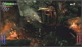 Po dotarciu do przepaści wykonaj sprint #1 i przeskocz z pomocą podwójnego skoku na niewielką półkę #2 - Etap 1 - Bones Forest (3) | Rozdział 9 | Solucja Castlevania Lords of Shadow - Castlevania: Lords of Shadow - poradnik do gry