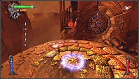 Uderz teraz w dowolną płytę trzeciego rzędu (lewo) #1 i następnie w dowolną płytę słabo widocznego czwartego rzędu (dół) #2 - Etap 1 - Necromancers Abyss (1) | Rozdział 11 | Solucja Castlevania - Castlevania: Lords of Shadow - poradnik do gry