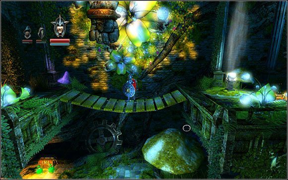 Aby dostać się do skrzyni musisz zerwać linę trzymającą skałę tak, aby ta upadając zniszczyła drewniany most - Etap 2- Astral Hallways (2) | Opis przejścia Trine - Trine - poradnik do gry