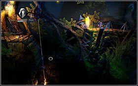 Po przejściu przez rozbita ścianę zwalcz nietoperze i strzelając z łuku do góry uwolnij ruchomą platformę - Etap 10- Shadowthron Thicket | Opis przejścia Trine - Trine - poradnik do gry