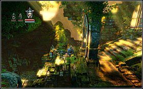 Teraz wystarcz już tylko wskoczyć na ruiny po lewej (z huśtającego się pala), a następnie skierować na górę skacząc po czasowych platformach - Etap 11- Ruins of the Perished (2) | Opis przejścia Trine - Trine - poradnik do gry