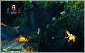 Gdy drugie koło zostanie unieruchomione, wskocz na nie i przejdź na drugą stronę, uważając na ogniste kule wystrzeliwane ze sklepienia - Etap 13- Bramblestoke Village (2) | Opis przejścia Trine - Trine - poradnik do gry