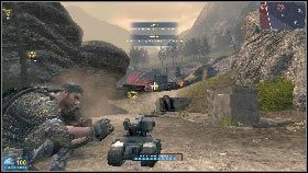 Zwróć uwagę zwłaszcza na snajpera, stojącego na wieży widocznej na tle skał [1] - Rozdział 3 - Kowadło (1) | Opis przejścia Frontlines Fuel of War - Frontlines: Fuel of War - poradnik do gry