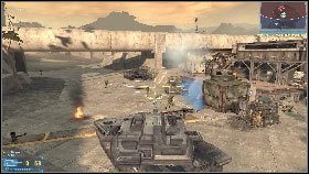 Przy pomocy podniesionej broni namierz wrogi śmigłowiec [1] i odpal rakietę, po czym szybko skryj się pod betonowym filarem - Rozdział 3 - Cmentarz (2) | Opis przejścia Frontlines Fuel of War - Frontlines: Fuel of War - poradnik do gry