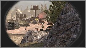 Po wykończeniu wszystkich strażników przejmij posterunek i podnieś drugi śmigłowiec [1], który znajdziesz w skrzy stojącej na kamiennym głazie - Rozdział 5 - Kwatera (1) | Opis przejścia Frontlines Fuel of War - Frontlines: Fuel of War - poradnik do gry