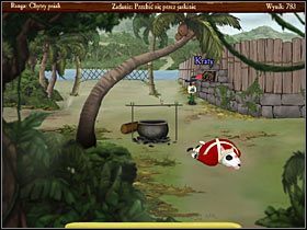 Kiedy strażnik się pojawi i znów niefortunnie stanie pod palmą kokosową, zrób biedaczynie identycznego psikusa jak poprzednio, czyli wykonaj rytuał ze zrzucaniem owoców przez drzewo (nie zapomnij najpierw zapukać w palmę) - Cannibal Island (3) | Opis przejścia Jolly Rover - Jolly Rover - poradnik do gry