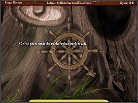 Zgodnie ze wskazówką z dziennika ster powinien być ustawiony na północ - taka też właśnie jest pozycja wyjściowa, uchwyt zakończony strzałką skierowany jest do góry - Shipwreck Island (1) | Opis przejścia Jolly Rover - Jolly Rover - poradnik do gry