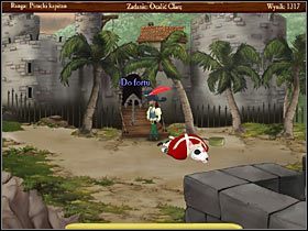 Tu Jollyego czeka kolejna przeprawa ze strażnikiem, którego - jak poprzednio - możesz przekupić (10 srebrników) lub potraktować kokosem, dzięki zaklęciu zrzucającemu owoce - Groggy Island ponownie | Opis przejścia Jolly Rover - Jolly Rover - poradnik do gry