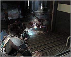 Pilnuj się, bo tuż po wkroczeniu do nowej lokacji zaczną się atakować potwory Leaper, które będą nadbiegały od lewej #1 oraz od prawej #2 strony - Rozdział 15 (1) | Opis przejścia gry Dead Space 2 - Dead Space 2 - poradnik do gry