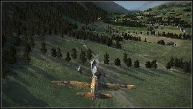 Po przeleceniu nad wioską powtórz cały manewr nad kościołem na wzgórzu [1] oraz nad kilkoma budynkami przy drodze [2] - Misja 1 - Phoney War | Opis przejścia | Heroes Over Europe - Heroes Over Europe - poradnik do gry