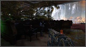 Butelka #14: ostatnia butelka w rozdziale drugim leży na stoliku w restauracji z tarasem widokowym (obdzielonym od pomieszczenia wodospadem) - Butelki (1) | Sekrety Bulletstorm - Bulletstorm - poradnik do gry