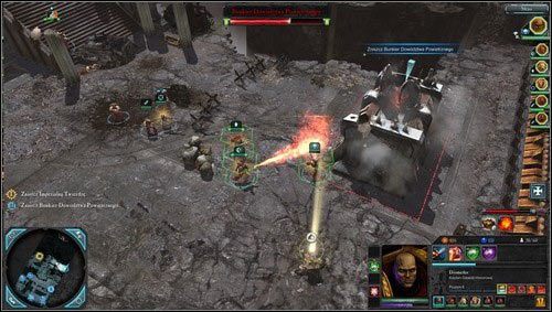 Wyposażeni w świeżych żołnierzy skierujemy swoje kroki do budynku dowództwa powietrznego [M05 punkt 6], po drodze natrafimy na kilka wrogich oddziałów rozlokowanych w budynkach i chowających się za zasłonami - 5 - Meridian - Stołeczne Ogrody - Misje główne - Warhammer 40,000: Dawn of War II - Retribution - poradnik do gry