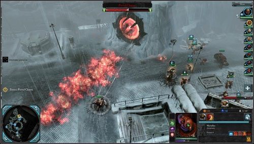 Obiema drogami dotrzemy do szerokiego mostu [M04 punkt 9], za którym stoi Portal chaosu [M04 punkt 10], po pokonaniu kilku oddziałów w tym drednot-a chaosu, będziemy mogli przejąć pobliską kwaterę główną [M04 punkt 11] i zająć się niszczeniem portalu, nie powinno się rozstawiać oddziałów przed nim, - 4 - Aurelia - Lodowa Kraina Minos (2) - Misje główne - Warhammer 40,000: Dawn of War II - Retribution - poradnik do gry