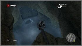 Jak tylko znajdziesz się pod ziemią, idź cały czas prosto [1], aż dotrzesz do głębokiej dziury z wodą [2] - Odzyskana sekwencja - Zaginięcie Leonarda (5) | DLC Assassins Creed Brotherhood - Assassins Creed: Brotherhood - poradnik do gry